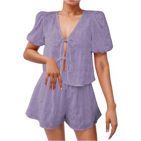 Beach Vacation Outfits for Women Two Piece Summer Sets Loose Fit Short Sleeve Tie Front Tops & Flowy Shorts in Kuwait