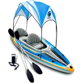 Sunlite Sports Inflatable Kayak 2 Person with Canopy, Portable Inflatable Boat with Shed & Aluminum Oars, Lightweight Tandem Kayak with Air Pump & Carry Bag for Lakes & Rivers, 400 LB in Kuwait