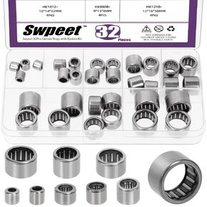 Swpeet 32Pcs 8 Models HK0306-HK1210 Needle Roller Bearings Kit, Full Complement Drawn Cup, Open End Caged Bearing, ST14 Steel Single Row Roller Bearing for Agricultural Construction Equipment in Kuwait