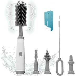 Electric Bottle Brush Set, 360°Automatic Bottle Brush Cleaner with 3 Sizes Replaceable Silicone Bottle Brush and Extension Handle for Long Bottles，Straw Cleaner Brush,IPX65& Rechargeable(Grey) in Saudi Arabia