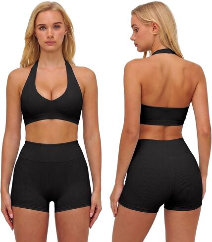 ABOCIW Two Piece Workout Sets for Women Ribbed Halter Sports Bra & High Waist Booty Shorts, Pilates Yoga Gym Outfits in Kuwait