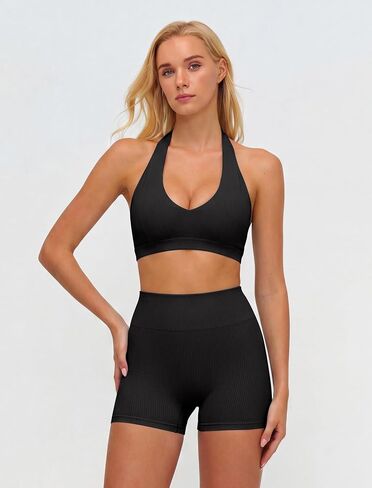 ABOCIW Two Piece Workout Sets for Women Ribbed Halter Sports Bra & High Waist Booty Shorts, Pilates Yoga Gym Outfits in Kuwait