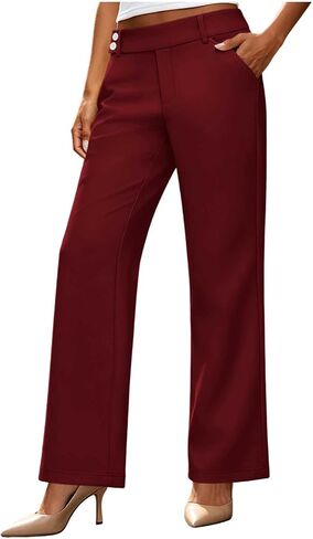 Women's Straight Leg Work Pants with Pockets | Womens Dress Pants Elastic Waist Straight Leg Work Pants Botton Business Casual Slacks Solid Lounge Trousers with Pockets in Kuwait