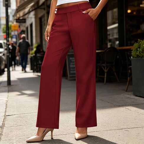 Women's Straight Leg Work Pants with Pockets | Womens Dress Pants Elastic Waist Straight Leg Work Pants Botton Business Casual Slacks Solid Lounge Trousers with Pockets in Kuwait