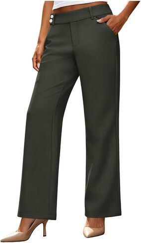 Women's Straight Leg Work Pants with Pockets | Womens Dress Pants Elastic Waist Straight Leg Work Pants Botton Business Casual Slacks Solid Lounge Trousers with Pockets in Kuwait