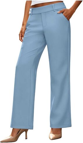 Women's Straight Leg Work Pants with Pockets | Womens Dress Pants Elastic Waist Straight Leg Work Pants Botton Business Casual Slacks Solid Lounge Trousers with Pockets in Kuwait
