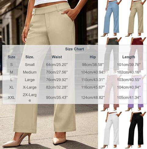Women's Straight Leg Work Pants with Pockets | Womens Dress Pants Elastic Waist Straight Leg Work Pants Botton Business Casual Slacks Solid Lounge Trousers with Pockets in Kuwait