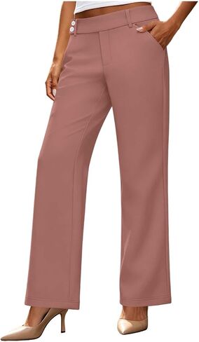 Women's Straight Leg Work Pants with Pockets | Womens Dress Pants Elastic Waist Straight Leg Work Pants Botton Business Casual Slacks Solid Lounge Trousers with Pockets in Kuwait