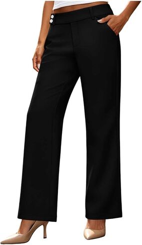 Women's Straight Leg Work Pants with Pockets | Womens Dress Pants Elastic Waist Straight Leg Work Pants Botton Business Casual Slacks Solid Lounge Trousers with Pockets in Kuwait