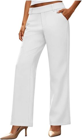 Women's Straight Leg Work Pants with Pockets | Womens Dress Pants Elastic Waist Straight Leg Work Pants Botton Business Casual Slacks Solid Lounge Trousers with Pockets in Kuwait