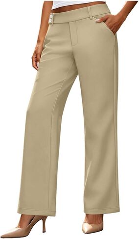 Women's Straight Leg Work Pants with Pockets | Womens Dress Pants Elastic Waist Straight Leg Work Pants Botton Business Casual Slacks Solid Lounge Trousers with Pockets in Kuwait