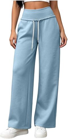 High Waist Sweatpants Women Drawstring Elastic Waist Straight Leg Pants in Kuwait