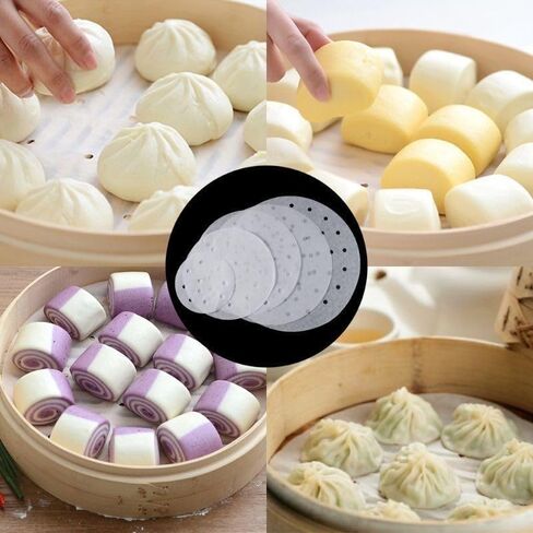 100PCS Round Perforated Steamer Paper Liners for Air Fryer & Steamer, Non-Stick Pulp Food Tray Inserts, Disposable Cooking Parchment Sheets(4 inch) in Kuwait