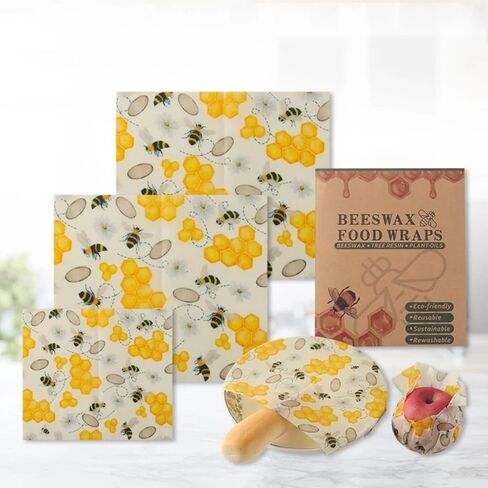 Reusable Beeswax Food Wraps for Fruits, Organic Cotton Beeswax Wrap Set, Zero Waste Eco-Friendly Alternative to Plastic Wrap, BPA-Free, for Fruit, Vegetable, Bowl Cover (3 Pack: S/M/L) in Kuwait