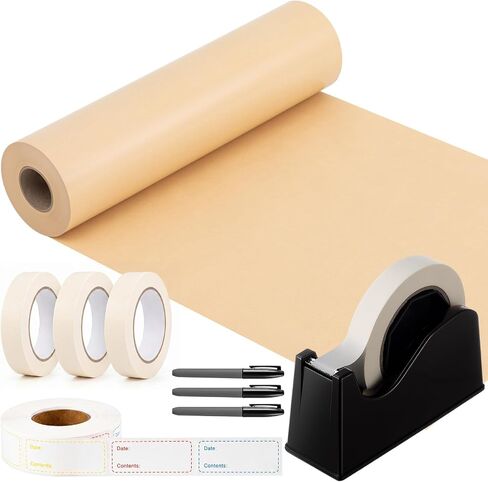 Resurhang Freezer Labeling Kit Freezer Paper Roll 17in x 300ft, Tape Dispenser with Tape, Food Labels, Marker, Low Temperature Resistance for Refrigerators Food Storage Organization(Brown) in Kuwait