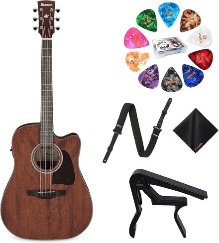 جيتار صوتي/كهربائي من سلسلة Artwood من 6 أوتار من Ibanez AW54CE - لمسة نهائية طبيعية ذات مسام مفتوحة مع حزام Powerpad GSF50، كابو سلسلة، 15 قطعة جيتار، صندوق تخزين منظم وقطعة قماش للتنظيف - مجموعة حزمة in Kuwait