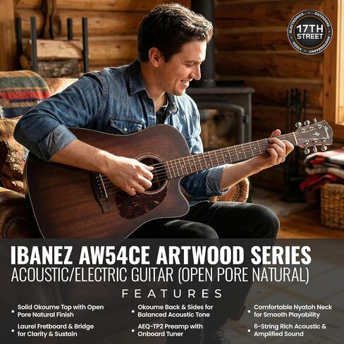 جيتار صوتي/كهربائي من سلسلة Artwood من 6 أوتار من Ibanez AW54CE - لمسة نهائية طبيعية ذات مسام مفتوحة مع حزام Powerpad GSF50، كابو سلسلة، 15 قطعة جيتار، صندوق تخزين منظم وقطعة قماش للتنظيف - مجموعة حزمة in Kuwait