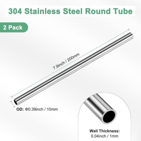 M METERXITY 2-Pack 200mm 304 أنبوب من الفولاذ المقاوم للصدأ، 10 مم OD 1 مم سمك الجدار أنابيب من الفولاذ المقاوم للصدأ غير الملحومة للبناء/التصنيع/الصياغة اليدوية، أنبوب معدني مستقيم [0.39x0.04x7.9IN] in Kuwait