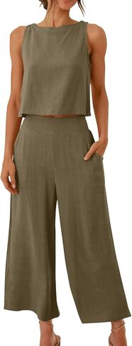Linen Sets for Women Two Piece Summer Beach Outfits Sleeveless Crop Tank Top Wide Leg Pants Lounge Travel Set in Kuwait