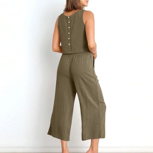 Linen Sets for Women Two Piece Summer Beach Outfits Sleeveless Crop Tank Top Wide Leg Pants Lounge Travel Set in Kuwait