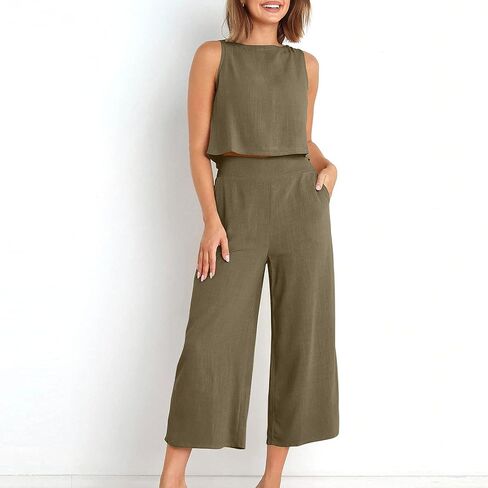 Linen Sets for Women Two Piece Summer Beach Outfits Sleeveless Crop Tank Top Wide Leg Pants Lounge Travel Set in Kuwait