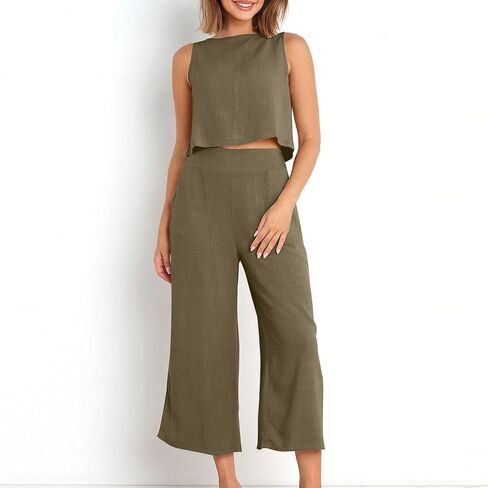 Linen Sets for Women Two Piece Summer Beach Outfits Sleeveless Crop Tank Top Wide Leg Pants Lounge Travel Set in Kuwait