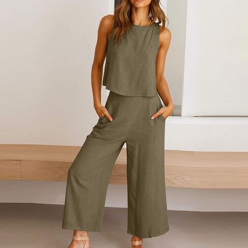 Linen Sets for Women Two Piece Summer Beach Outfits Sleeveless Crop Tank Top Wide Leg Pants Lounge Travel Set in Kuwait