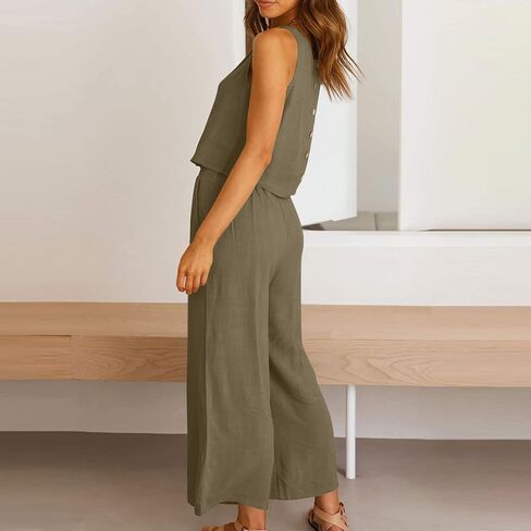 Linen Sets for Women Two Piece Summer Beach Outfits Sleeveless Crop Tank Top Wide Leg Pants Lounge Travel Set in Kuwait