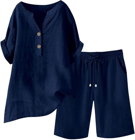 Plus Size Short Sets for Women Cotton Linen Two Piece Summer Outfits Short Sleeve V Neck Tops & Casual Shorts in Kuwait