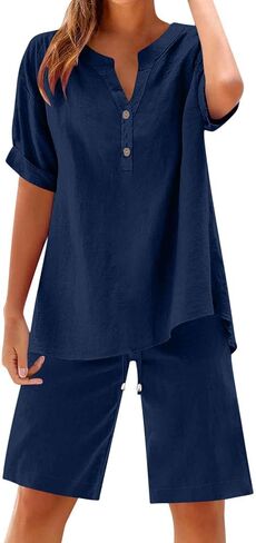 Plus Size Short Sets for Women Cotton Linen Two Piece Summer Outfits Short Sleeve V Neck Tops & Casual Shorts in Kuwait