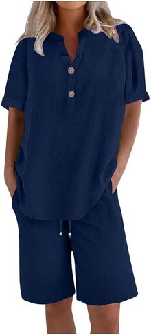 Plus Size Short Sets for Women Cotton Linen Two Piece Summer Outfits Short Sleeve V Neck Tops & Casual Shorts in Kuwait