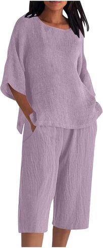 Womens Summer 2 Piece Linen Sets Cute Beach Outfits 3/4 Sleeve Round Neck Gauze Shirts Capri Pants Travel Outfit in Kuwait