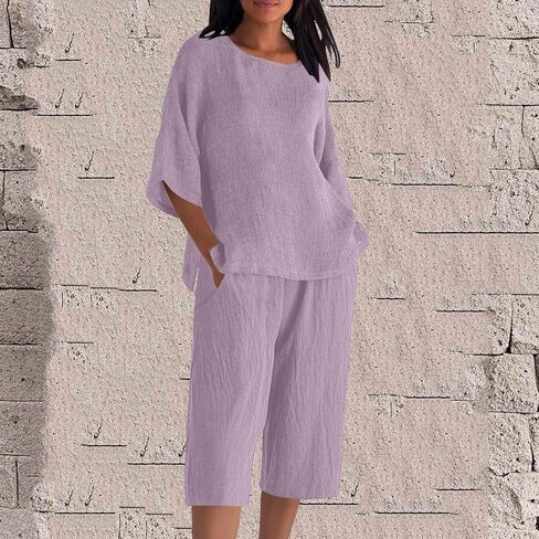 Womens Summer 2 Piece Linen Sets Cute Beach Outfits 3/4 Sleeve Round Neck Gauze Shirts Capri Pants Travel Outfit in Kuwait