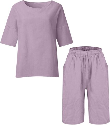 Womens Summer 2 Piece Linen Sets Cute Beach Outfits 3/4 Sleeve Round Neck Gauze Shirts Capri Pants Travel Outfit in Kuwait