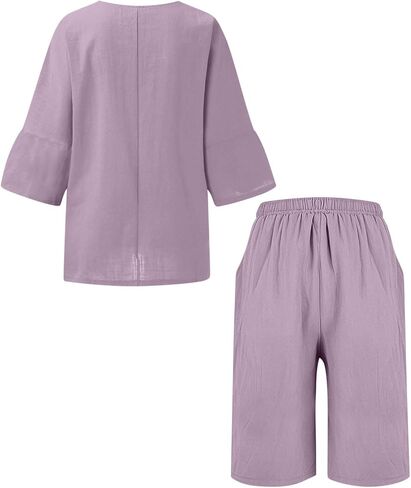 Womens Summer 2 Piece Linen Sets Cute Beach Outfits 3/4 Sleeve Round Neck Gauze Shirts Capri Pants Travel Outfit in Kuwait
