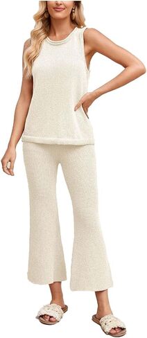 Two Piece Summer Outfits for Women Lounge Knit Sets Sleeveless Crewneck Tank Tops Ankle Pants Cute Matching Set in Kuwait