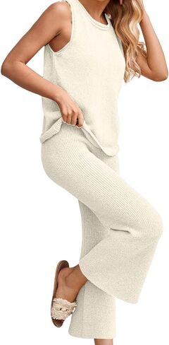 Two Piece Summer Outfits for Women Lounge Knit Sets Sleeveless Crewneck Tank Tops Ankle Pants Cute Matching Set in Kuwait