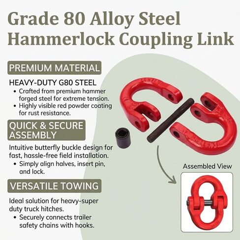 Grade 80 Alloy Steel Hammerlock Coupling Link, Chain Connector, Tow Hitch Hammerlock Coupling Link for Heavy Super Duty Truck Chain Hitch, Red (31.5T) in Kuwait