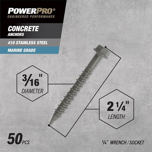 مثبتات لولبية خرسانية من Power Pro #410 غسالة سداسية مقاومة للصدأ (3/16 بوصة × 2-1/4 بوصة) 100 قطعة in Kuwait