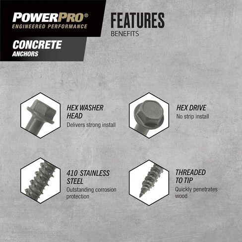 مثبتات لولبية خرسانية من Power Pro #410 غسالة سداسية مقاومة للصدأ (3/16 بوصة × 2-1/4 بوصة) 100 قطعة in Kuwait