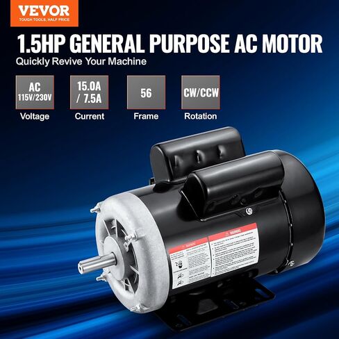 VEVOR 1.5HP Electric Motor 3450 RPM, AC 115V/230V, 56 Frame, Air Compressor Motor Single Phase, 5/8" Keyed Shaft, CW/CCW Rotation for Agricultural Machinery and General Equipment in Kuwait
