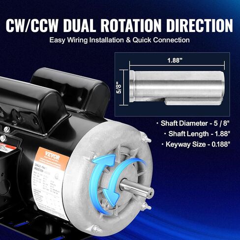 VEVOR 1.5HP Electric Motor 3450 RPM, AC 115V/230V, 56 Frame, Air Compressor Motor Single Phase, 5/8" Keyed Shaft, CW/CCW Rotation for Agricultural Machinery and General Equipment in Kuwait