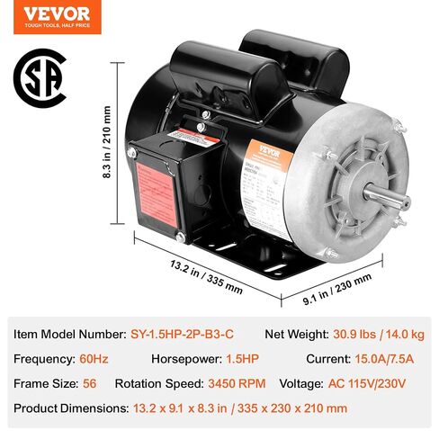 VEVOR 1.5HP Electric Motor 3450 RPM, AC 115V/230V, 56 Frame, Air Compressor Motor Single Phase, 5/8" Keyed Shaft, CW/CCW Rotation for Agricultural Machinery and General Equipment in Kuwait