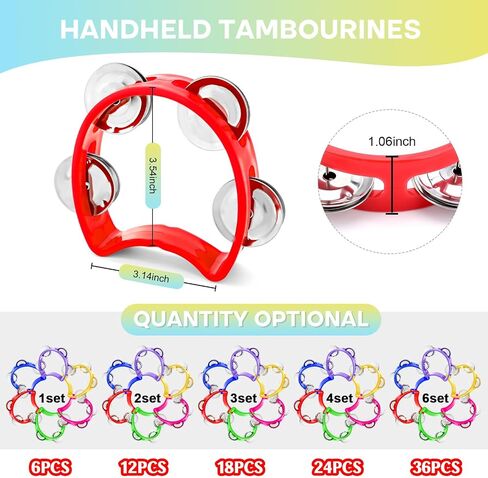 6 Pack Colorful Tambourine for Kids Adult Plastic Handheld Tambourine Musical Instruments with 4 Metal Jingles for Classroom, Preschool, Family Band and Party Supplies in Kuwait