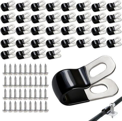 36PCS 1/4" 304 Stainless Steel Rubber Coated Insulated Cable Clamps,Brake Line Clips,Metal Wire Clamps,Hose Clamp, Pipe Clamp, for 1/4" Tube Lines Wire Cord Installation with 36PCS Self-Tapping Screws in Kuwait