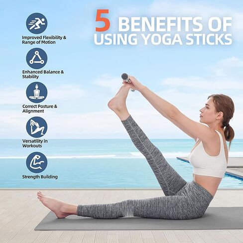 Yinhing Yoga Stick Pilates Stretching Bar Fitness Exercise Stick with 4 Steel Bars & 2 Non Slip Handles for Yoga Poses Stretching & Balance Workouts in Kuwait