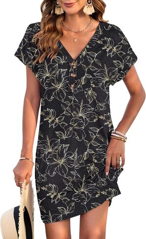 Molerani Women's Casual T Shirt v Dress Dress Bruty Summer Button Frust Sleeve Dresses 2025 Mini Sundresses in Kuwait