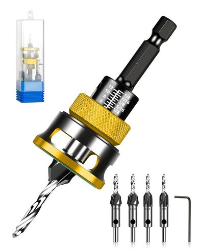 Countersink Drill Bit Set with Depth Stop Collar, Adjustable 4 Size Countersink Drill Bits, Four-Flute HCS Cutters and HSS Pilot Drill Bits, Burr-Free Drilling in Wood, Plywood & Plastic in Saudi Arabia