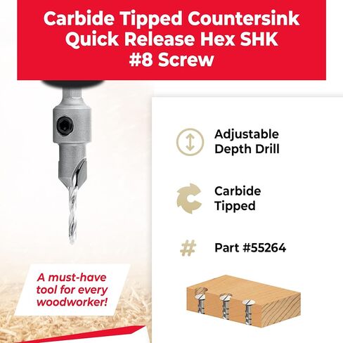 Amana Tool Carbide Tipped 82 Degree Countersink Drill Bit, 55264, 3/8 D x 49 Deg x 1/4 Quick Release Hex Shank for Wood Screw 8 in Saudi Arabia