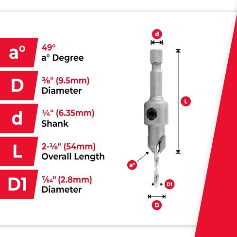 Amana Tool Carbide Tipped 82 Degree Countersink Drill Bit, 55264, 3/8 D x 49 Deg x 1/4 Quick Release Hex Shank for Wood Screw 8 in Saudi Arabia